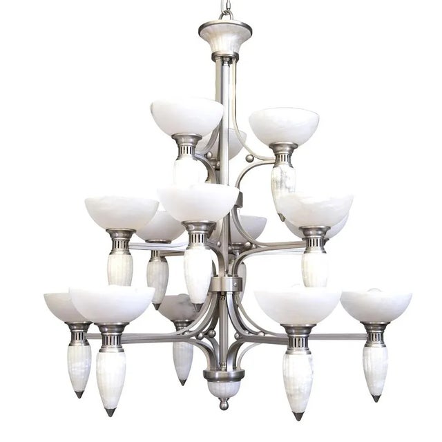 Silver Art Deco 15-Arm Chandelier with Alabaster Bowls and Illuminated Cones, 1990s For Sale - Image 8 of 8