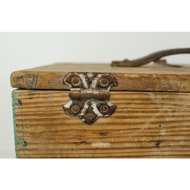 Antique Wooden Tool Chest With Leather Handle and Turquoise Paint For Sale - Image 9 of 11