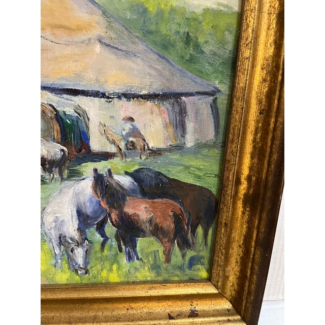 Wood 1960s Vintage Acrylic on Board Painting of Men With Horses and a Large Tent Could Be in Tibet For Sale - Image 7 of 10