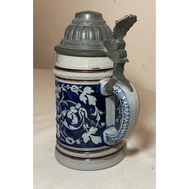Blue Antique Handmade Westerwald German Prosit Pottery Pewter Lidded Beer Stein Mug For Sale - Image 8 of 12
