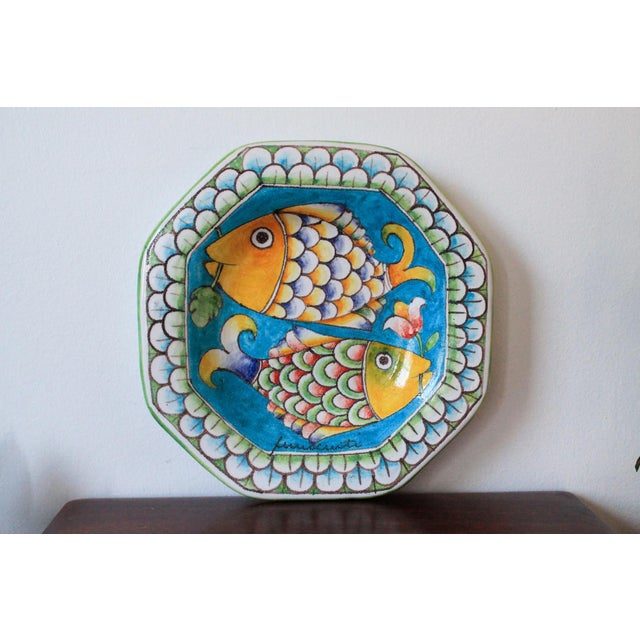 Colorful vintage hand-painted / glazed Majolica fish platter wall hanging. Minor age wear. No chips or cracks. Ready to hang.