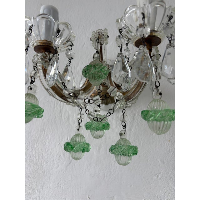 C 1920 Rare Set Green Murano Flowers Ribbon Crystal Sconces One of Kind For Sale - Image 10 of 11