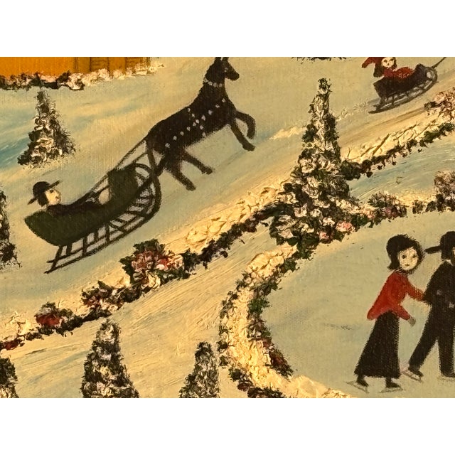 American A Romantic Day at the Pond - Early 20th C. Original Oil on Canvas Winter Skating Scene For Sale - Image 3 of 9