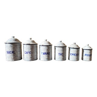 Enameled Sheet Metal Spice Jars, 1940s, Set of 6 For Sale