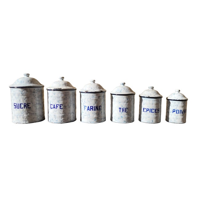 Enameled Sheet Metal Spice Jars, 1940s, Set of 6 For Sale