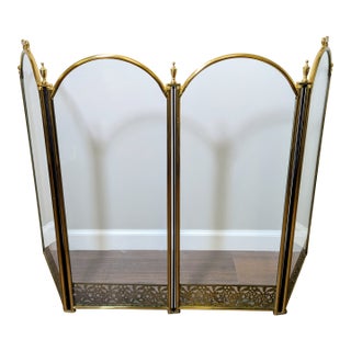 Vintage Brass & Glass Fireplace Screen - Arched Hollywood Regency Folding Screen For Sale