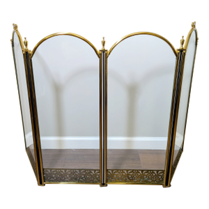 Vintage Brass & Glass Fireplace Screen - Arched Hollywood Regency Folding Screen