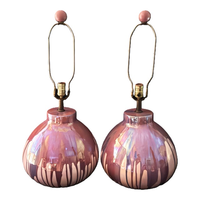 1970s Lavender Iridescent Drip-Glaze Pottery Table Lamps - A Pair For Sale