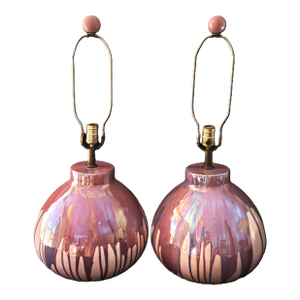 1970s Lavender Iridescent Drip-Glaze Pottery Table Lamps - A Pair