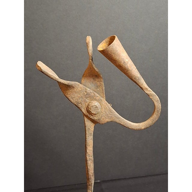 Antique Wrought Iron Rushlight Holder Candle Socket Wood Base Richard Morgan For Sale - Image 13 of 17