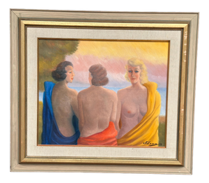 N. Leon, Three Women, 1947, Oil Painting on Panel, Framed