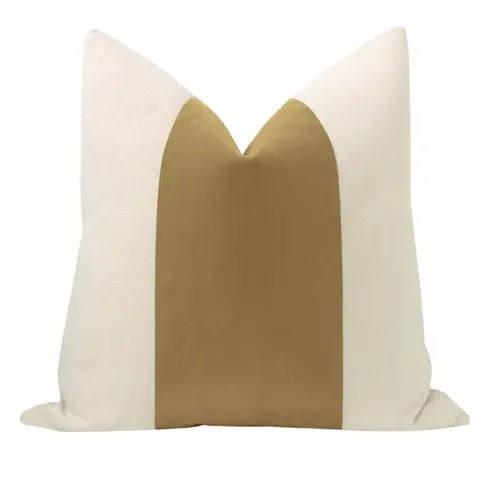 Pair of beautiful 20" natural linen pillows with a camel mohair velvet center and solid natural linen reverse....