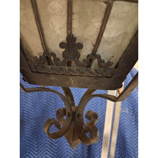 19th Century French Gothic Revival Wrought Iron & Stained Glass Hanging Lantern For Sale - Image 4 of 6