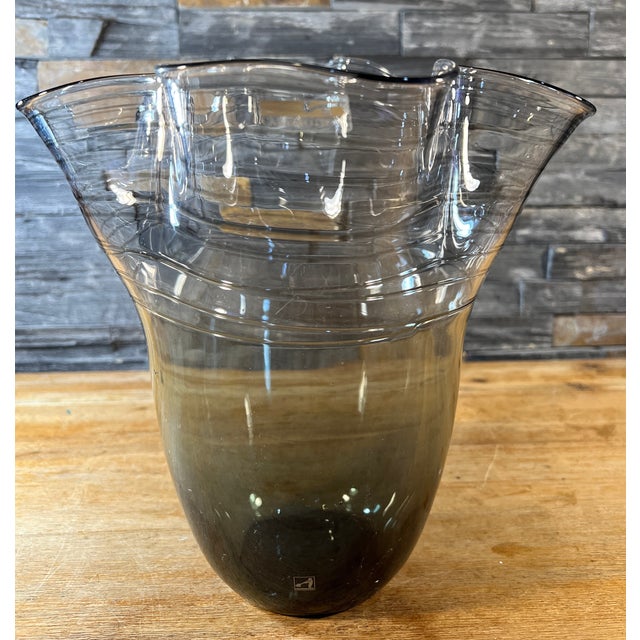 Gray Casamotion Smokey Gray Art Glass Vase With Swirl Design and Ruffled Lip For Sale - Image 8 of 12