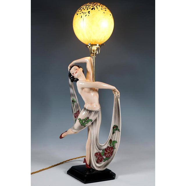 1940s Art Deco Nude Dancer Posing with Lamp from Goldscheider, Vienna, Austria, 1942 For Sale - Image 5 of 14