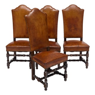 Four Louis XIII Style Leather Dining Chairs For Sale