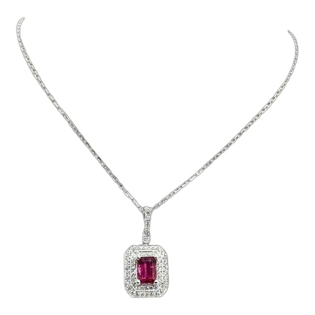Diamond Rubellite Tourmaline Necklace 18" 18k Gold 1.80 TCW Certified For Sale
