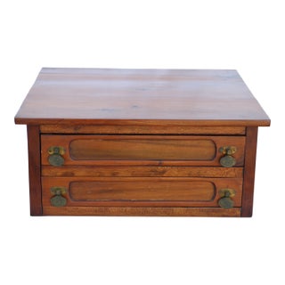 Late 19th Century Clark's o.n.t. 2 Drawer Walnut Spool Cabinet Dresser Top Jewelry Box With Brass Stem Pulls For Sale