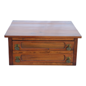 Late 19th Century Clark's o.n.t. 2 Drawer Walnut Spool Cabinet Dresser Top Jewelry Box With Brass Stem Pulls