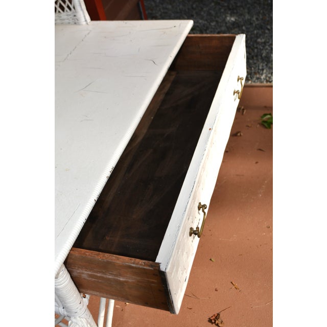 Vintage White Wicker Writing Desk W/ Drawer / Side Basket & Cubbies / Shelves For Sale - Image 9 of 18
