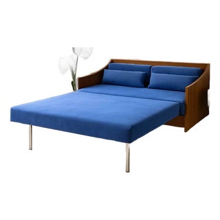 1970s Canadian Teak Pull-Out Sofa Bed in Blue Upholstery, Mid-Century For Sale