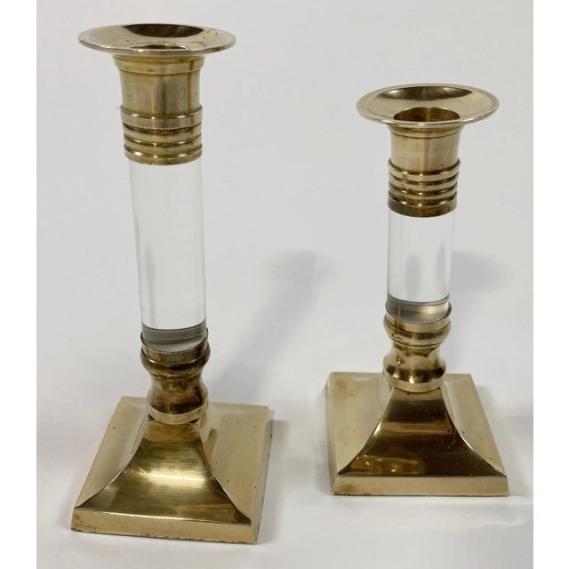 Mid-Century Modern Brass and Acrylic Candlestick Holders - A Pair For Sale - Image 3 of 3