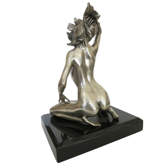 1990s 1970's Style Erotic Chromed Bronze Kneeling Nude Statue For Sale - Image 5 of 9