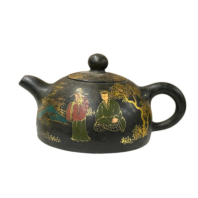 1990s Vintage Chinese Black Golden Graphic Zisha Clay Teapot Art Display For Sale - Image 5 of 10