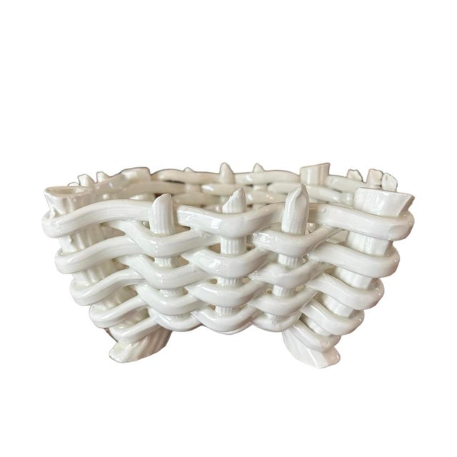 Vintage Ceramic Basketweave / Basket Woven Footed Blanc De Chine Style Cachepot / Planter / Bowl / Vide Poche, Made in Spain For Sale - Image 4 of 7