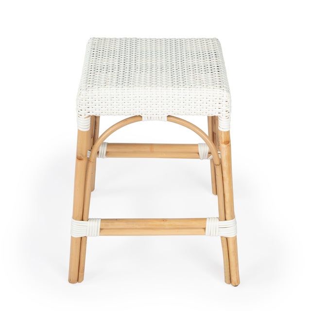 Spritely Home Accent Furniture Robias 24.5 in. Seat Height Rectangular Rattan Backless Counter Stool with Footrest, Glossy White/ Natural Rattan Frame For Sale - Image 4 of 9
