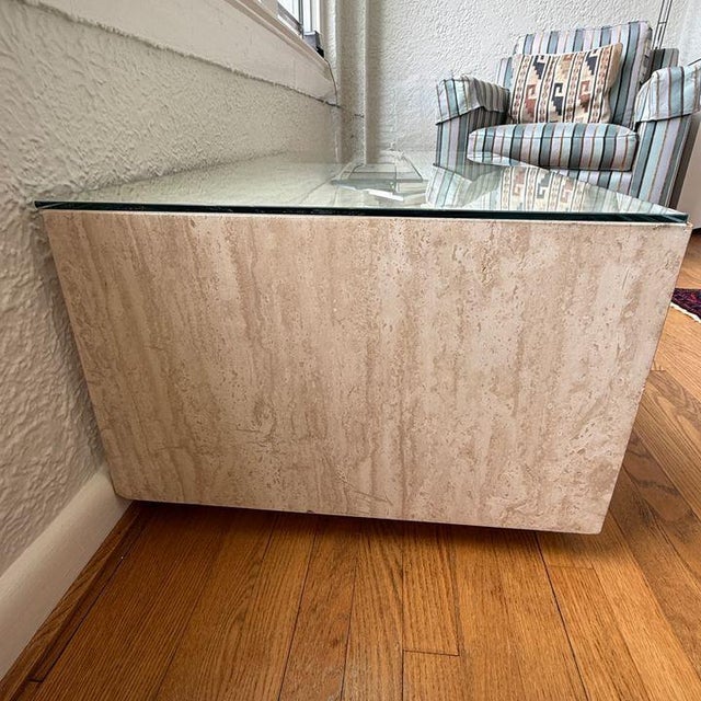 Glass Open Frame Travertine Coffee Table For Sale - Image 7 of 8