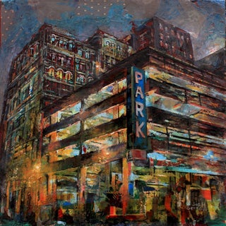 Parkade by Josh George | Mixed media on wood panel Urban parking structure at night. For Sale
