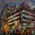 Parkade by Josh George | Mixed media on wood panel Urban parking structure at night. For Sale