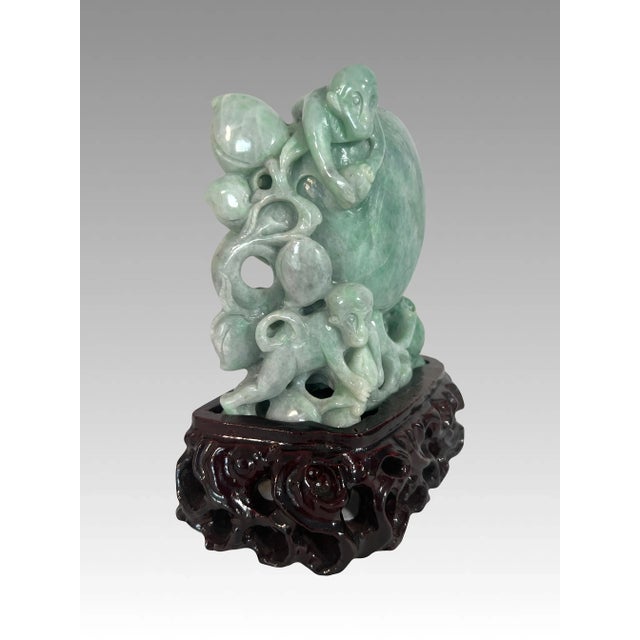 Mid 20th Century Chinese Natural Green Jade Carving of Auspicious Peach With Playful Monkeys on Custom Stand For Sale - Image 5 of 11
