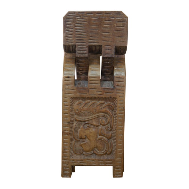 American Mid 20th Century South American Honduras Carved Teak Folding Stool Seat Chair Mayan Aztec For Sale - Image 3 of 15