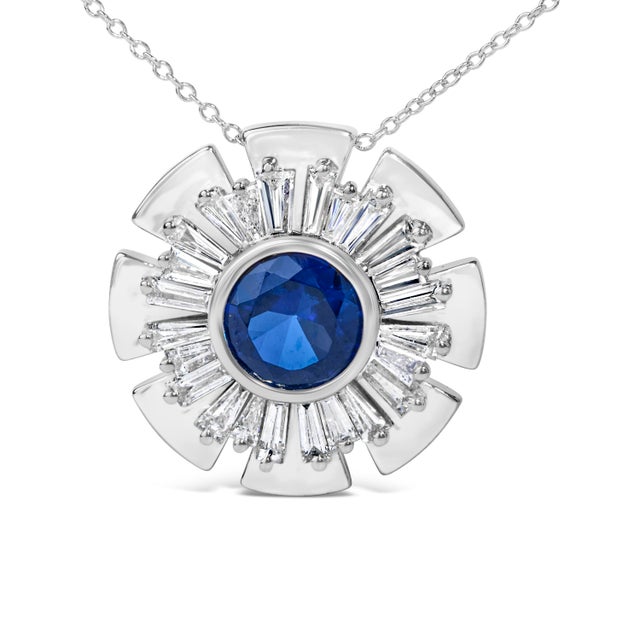 Contemporary Sterling Silver Lab Grown Blue Sapphire and 1 1/5 Cttw Diamond Sunburst Pendant Necklace For Sale - Image 3 of 4