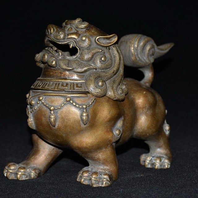 Traditional Antique Bronze Guardian Lion Incense Burner – 6.1" Foo Dog Censer With Removable Head For Sale - Image 3 of 9