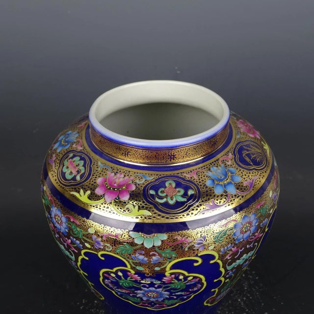 Chinese Vintage Ceramic Pot,Qing Dynasty Qianlong Marked Blue Ground Gold Color Enamel Porcelain Ginger Jar Hand Painted Flowers Pattern For Sale - Image 4 of 7