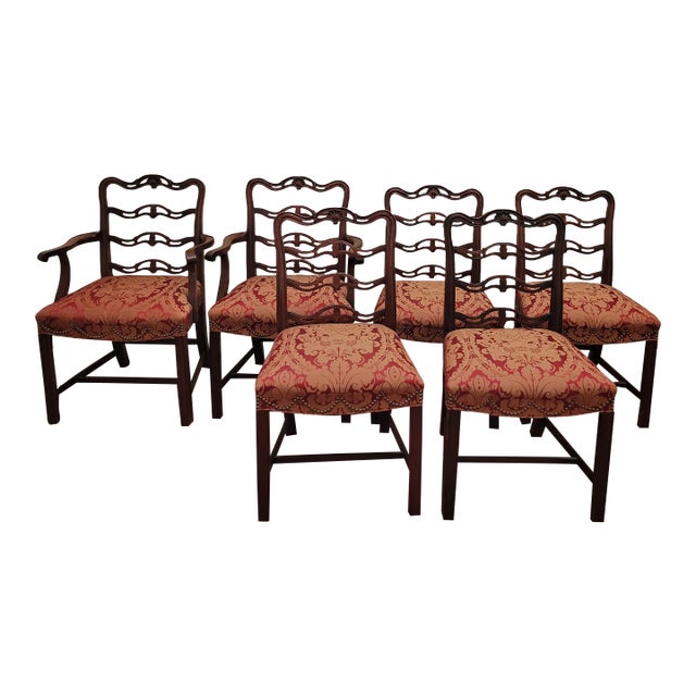 1930s Drexel Wallace Nutting Dining Chairs- Set of 6 Silk Fabric For Sale