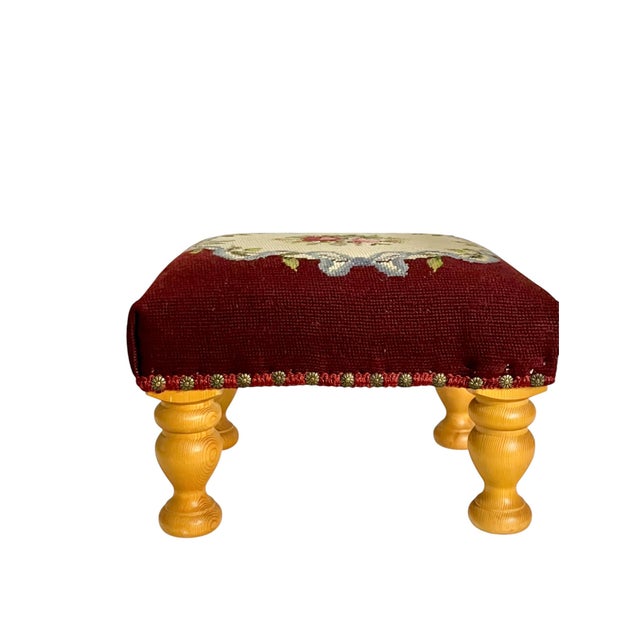 Mid 20th Century Vintage Burgundy Floral Needlepoint Footstool With Turned Pine Legs For Sale - Image 5 of 13