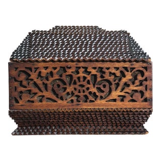 Antique 19th C. Double Lid Tramp Art Box With Hand Carved Fretwork/Folk Art For Sale