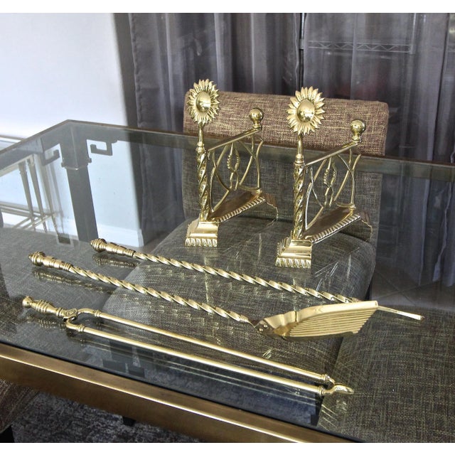 Late 20th Century Aesthetic English Sunflower Brass Fireplace Andiron Set - 5 Pieces For Sale - Image 12 of 13