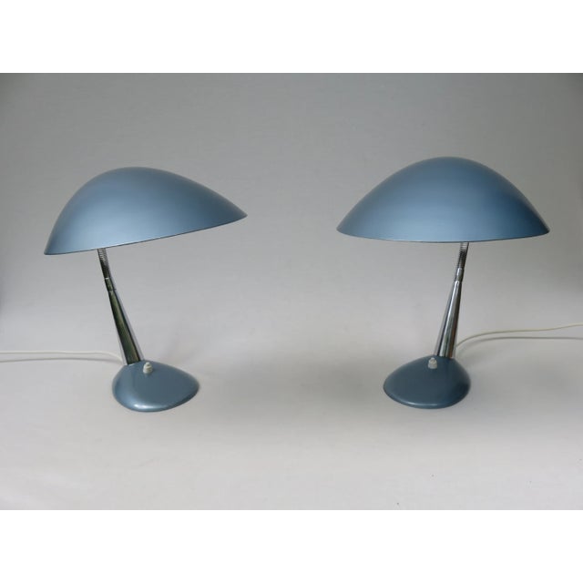 - Pair of blue metallic table lamps with a chromed arm from the 1950s - Shape reminiscent of the Cobra light by Greta...