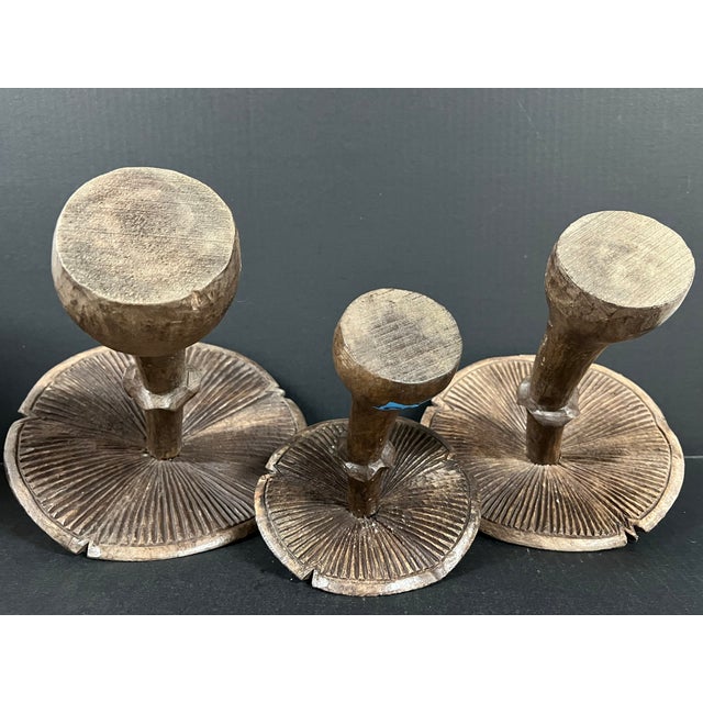 Late 20th Century Set of 3 Folk Art Carved Wood Mushroom Sculpture #M45 For Sale - Image 9 of 10