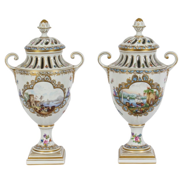 20th Century Dresden Porcelain Pot Pourri Lidded Vases, 1920s, Set of 2 For Sale