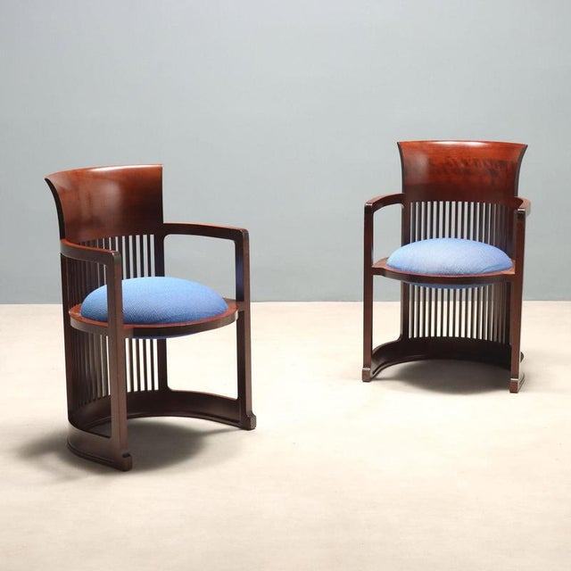 Blue Barrel Chairs by Frank Lloyd Wright, Set of 2 For Sale - Image 8 of 8