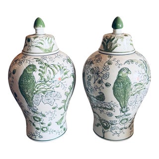 Green Chinoiserie Porcelain Ginger Jars With Hand Painted Parrots - Set of 2 For Sale