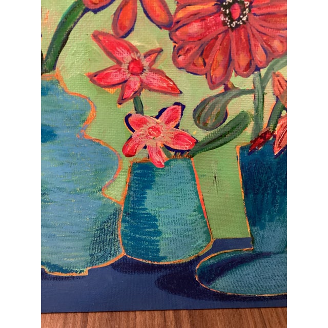 Teal Abstract Floral Still Life Painting, Colorful Modern Vase Art, MCM Style, Original 8x8 Teal Blue For Sale - Image 8 of 8