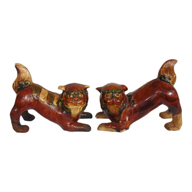 Pair of Glazed Foo Dogs 7 3/4"w X 7"h For Sale