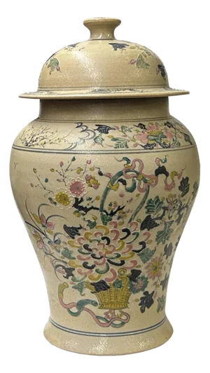 Vintage Historic Treasure Flower Theme Beige Base Ceramic Pot Vase